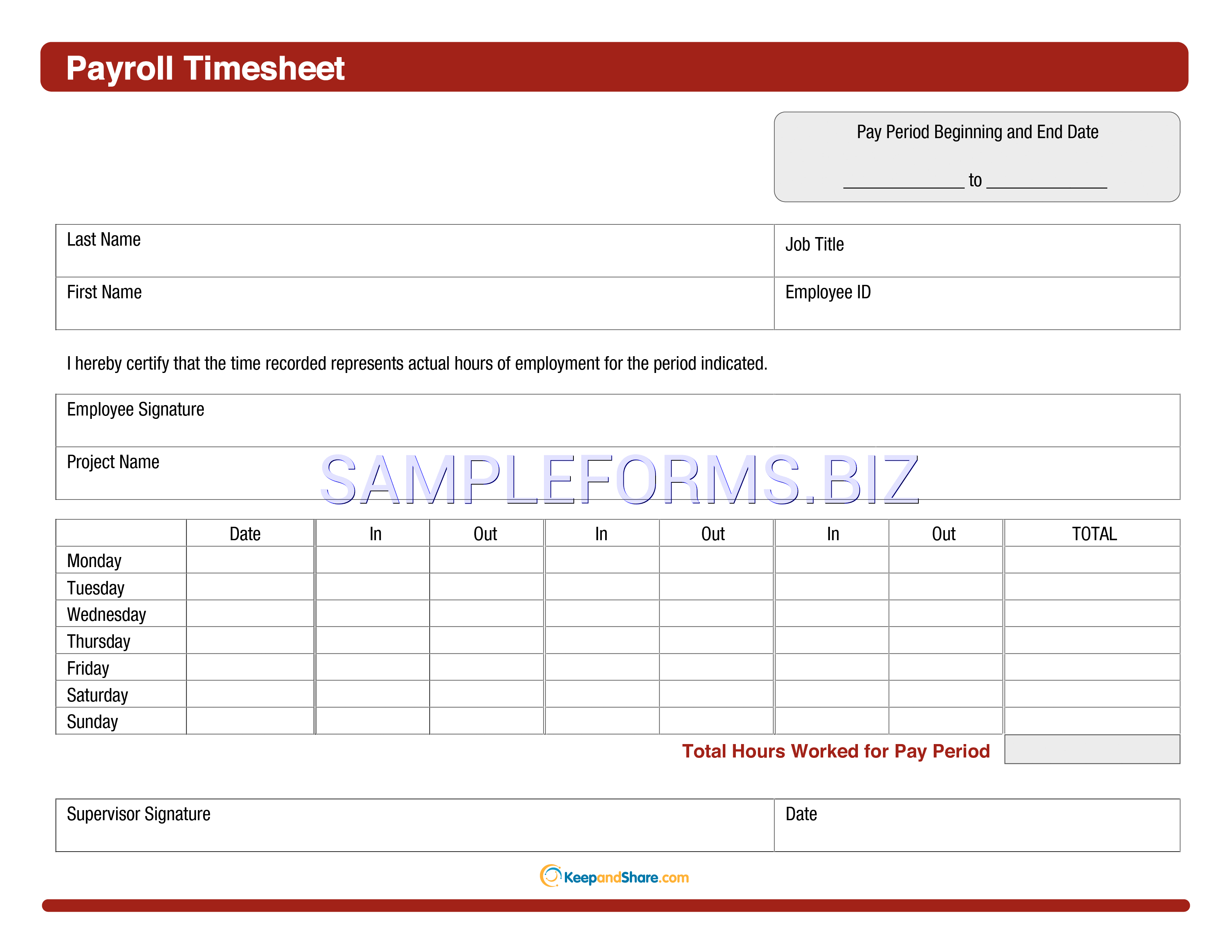 Preview free downloadable Payroll Time Sheet in PDF (page 1)